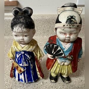 Pair ceramic boy girl figurines made in Japan est age 70yrs, watercolor faded